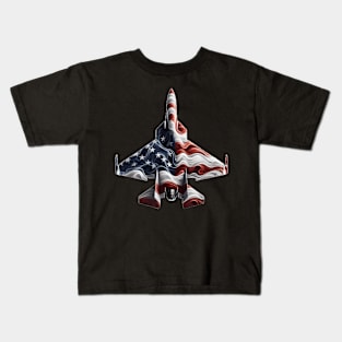 Fighter Jet Airplane American Flag Heart 4Th Of July Kids T-Shirt